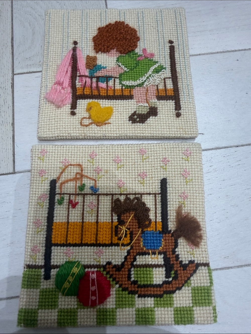 Hand-Embroidered Nursery Wall Art Set - Cream, Green, Pink- Vintage needlepoint
